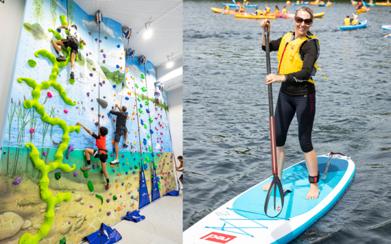 On the left children on a climbing wall at Dinton Activity Centre; on the right, a woman standing on a paddleboard