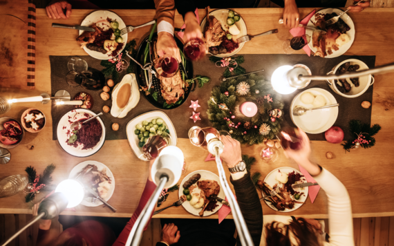 A top view of a Christmas meal table