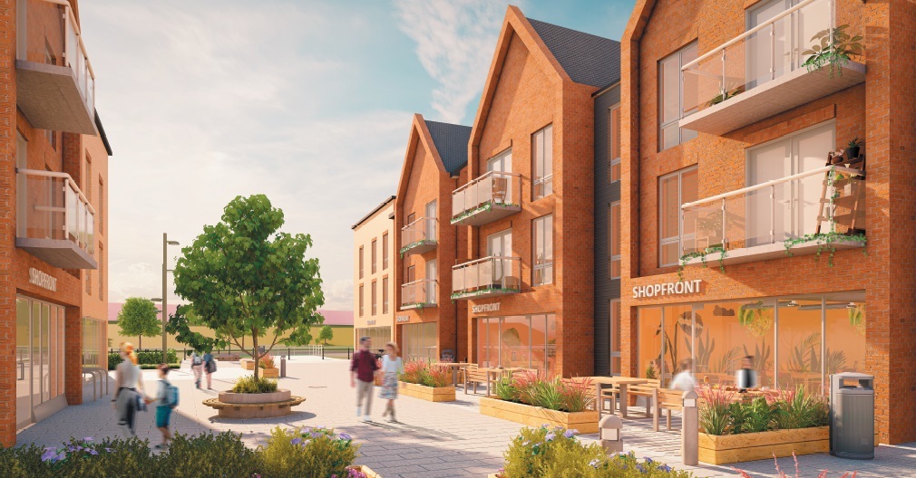 artist's impression of the Arborfield district centre, showing shoppers roaming in front of modern brick buildings at sunset