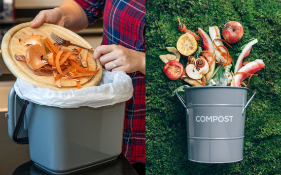 On the left, some food waste being put into a kitchen caddy; on the right, a photo of a compost bin