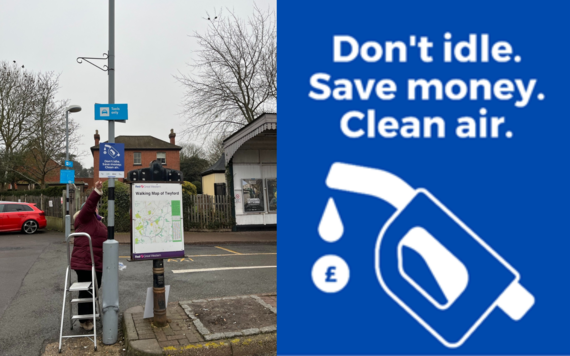 left shows sign being erected on a post, right shows the sign close up with a dripping petrol nozzle with the words don't idle save money clean air