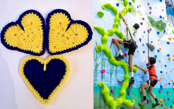 On the left some crocheted hearts and on the right two young people climbing an indoor wall at Dinton Activity Centre