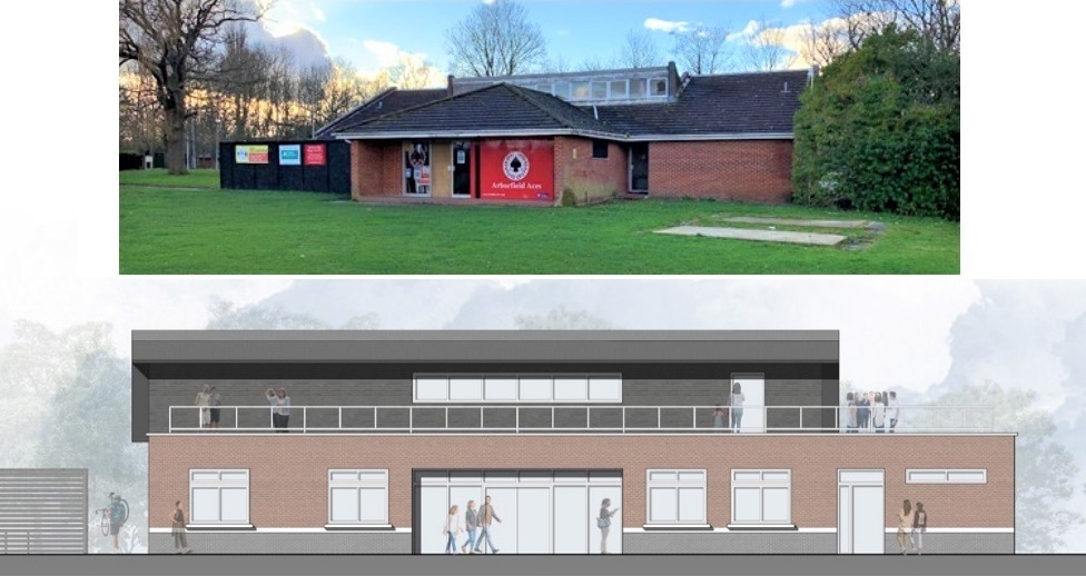 photograph of the existing pavilion above an artist's impression of the new one