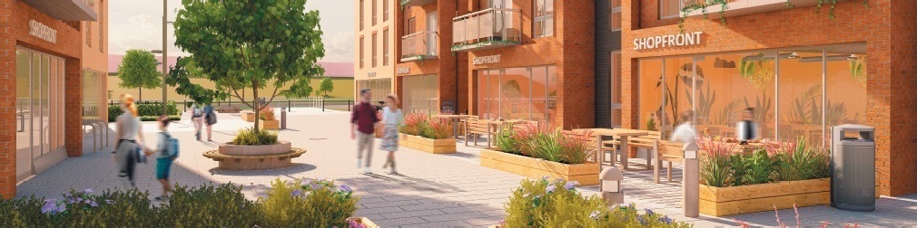 cropped impression of the proposed new district centre in Arborfield with modern shopfronts and people milling around outside