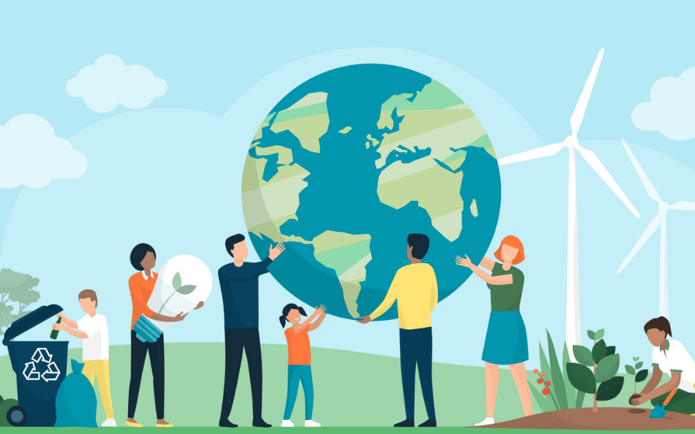 A graphic showing people recycling and holding the earth