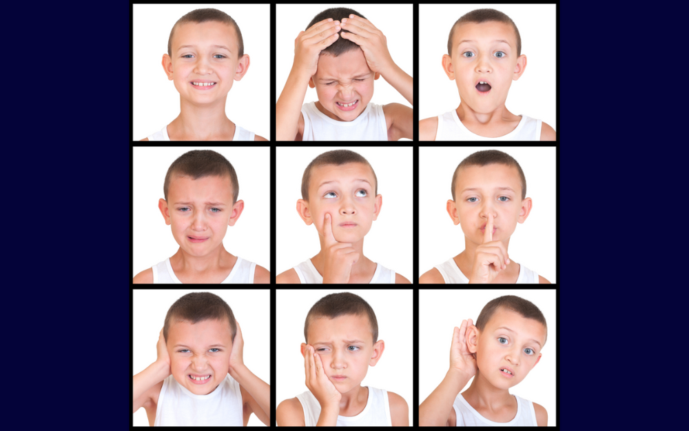 A collage of a young boy's face, showing many different expressions