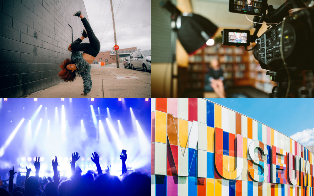 A collage including a child on a skateboard, some filming equipment, a music concert and a museum