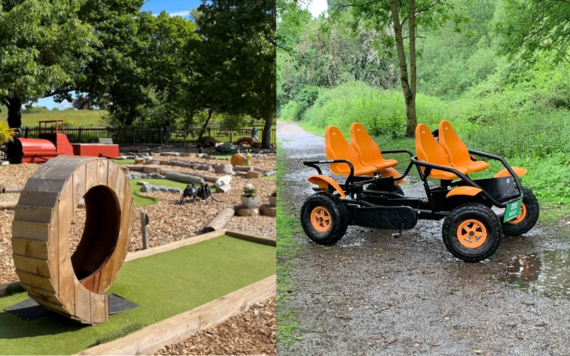 On the left is a photo of adventure golf course and on the right a photo of a nature buggy