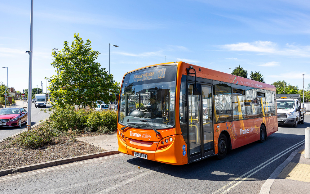 A bus exiting Wokingham train station