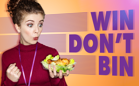 Photograph of a woman looking surprised holding a container of food. Also shows caption Win Don't Bin