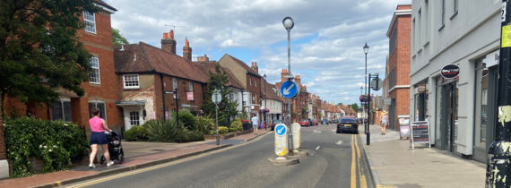 Cropped view of the old island crossing in Rose Street, Wokingham, set to be replaced with extended kerbs