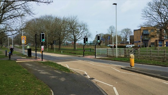 Photo of a pedestrian crossing in a leafy residential area, with flashing 20mph school signs in the background