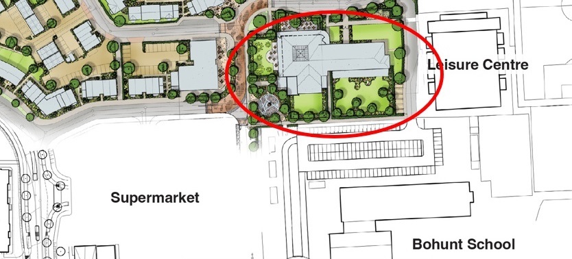 overhead diagram showing location of proposed community centre next to existing leisure centre at Arborfield Green