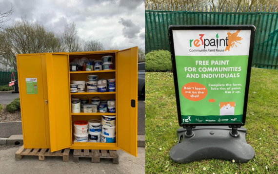 On the left a yellow cabinets with paint tins inside; on the right a re3paint community paint reuse scheme sign