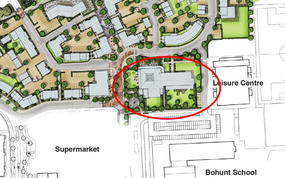 A map showing the location of the new Arborfield community centre, near housing, the local leisure centre, supermarket and school