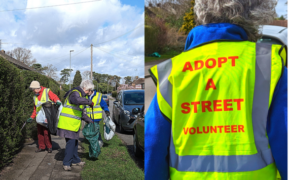 On the left, three volunteers picking up litter on a street; on the right it shows the back of a high-vis jacket reading Adopt a Street volunteer