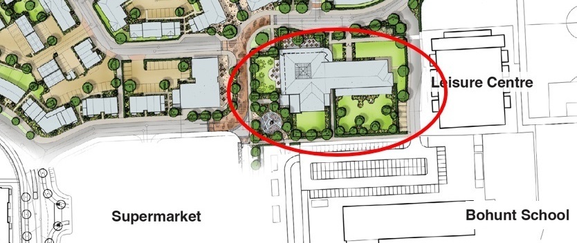 cropped overhead view showing proposed location of newly refurbished Arborfield community centre