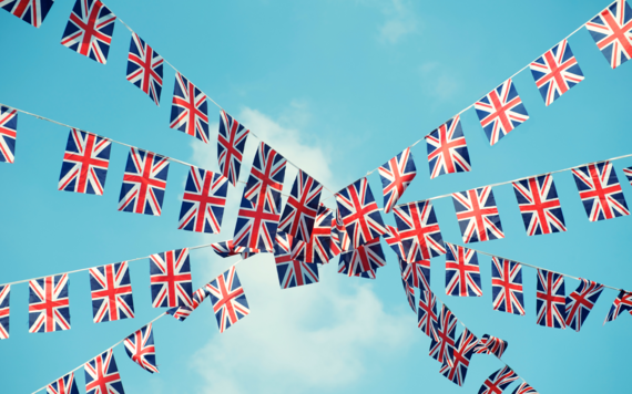 UK flag bunting in the sky