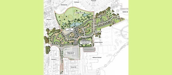 A map showing plans for the Arborfield district centre, including shops, housing, pub, community centre and more