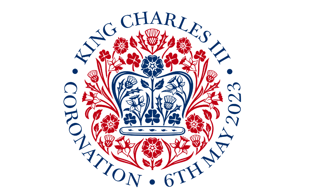 King Charles III Coronation emblem, showing a rose, thistle, daffodil and shamrock. Together the flowers create the shape of St Edward’s Crown