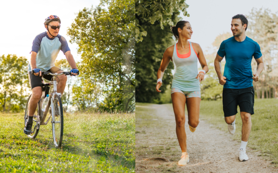 On the left, a man cycling outdoor and on the right two people running 