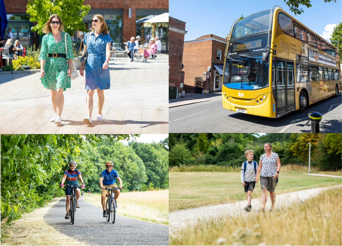 A collage of people walking, cycling and taking the bus
