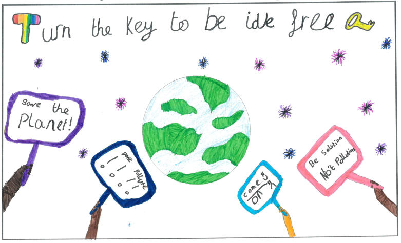 A child’s artwork with a drawing of Earth and the slogan “Turn the key to be idle free”