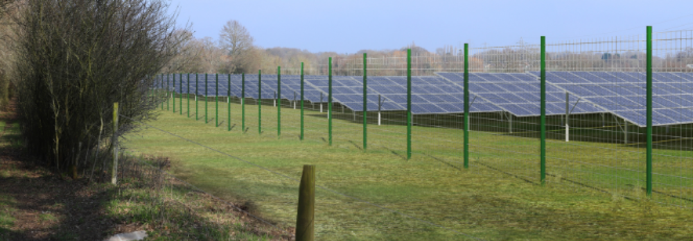 cropped, wide image of a row of solar panels on a field surrounded by fencing