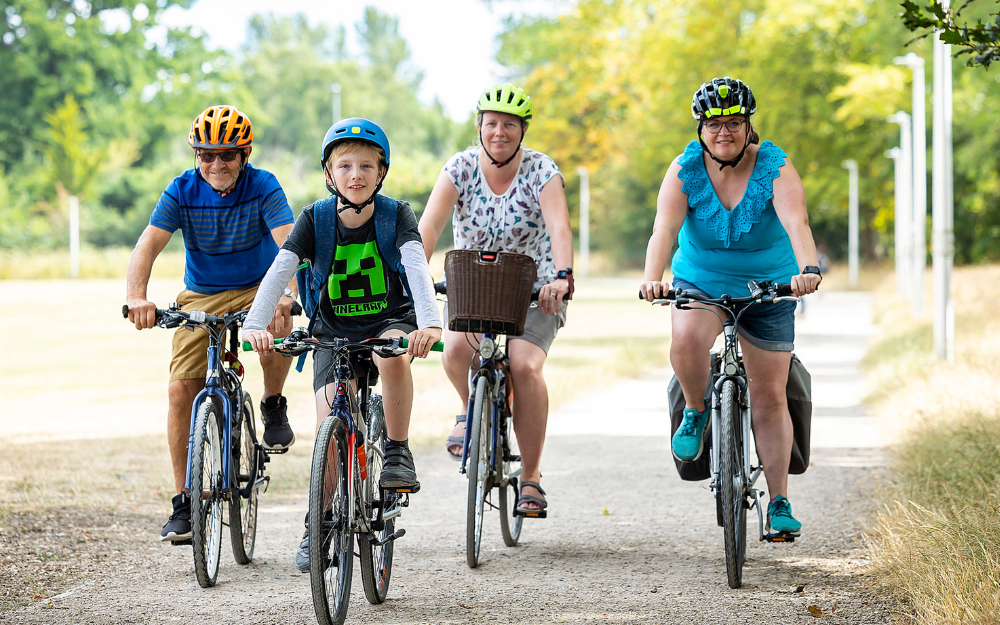 A group of four cyclists in casual clothes and helmets moving down a path towards the camera