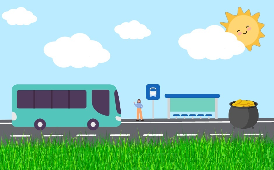 Graphic of a bus heading towards a bus stop where someone is waiting and a pot of money just beyond