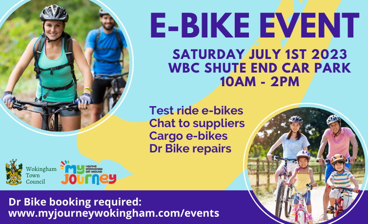 Poster for our E-bike event on 1 July – see www.myjourneywokingham.com/events