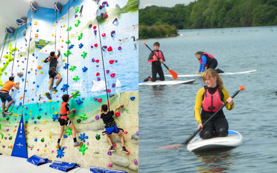 On the left children on a climbing wall at Dinton Activity Centre; on the right, some young people paddleboarding