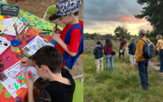 On the left two boys doing arts and craft activities and on the right, some people admiring the nature on a heath