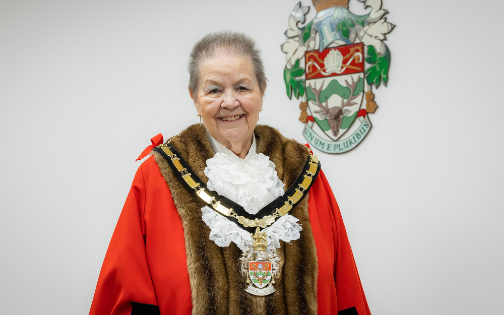 Borough Mayor cllr Beth Rowland next to the Wokingham Borough Crest