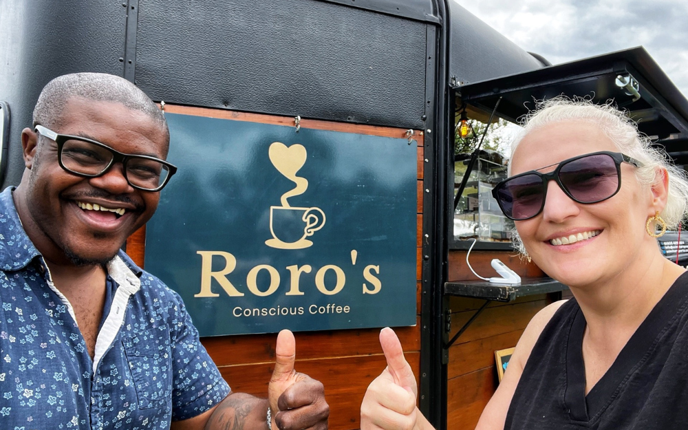 Caroline and David from Roro's coffee next to their coffee van