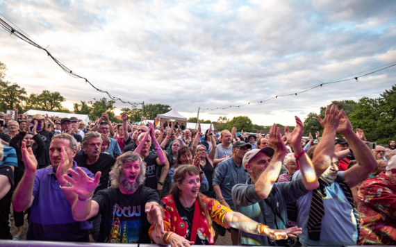 The crowd waves their arms and beam with joy at Wokingham Festival