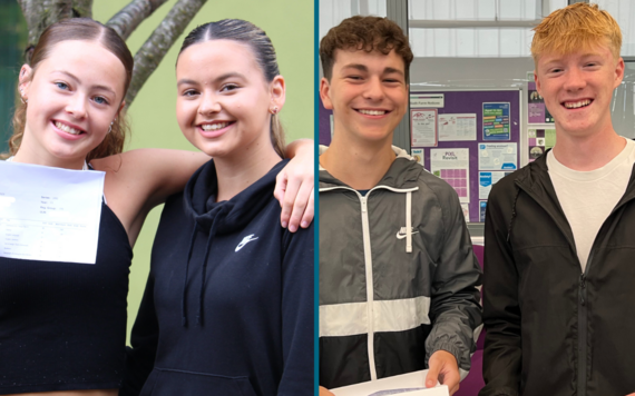 GCSE students smile to the camera with their results