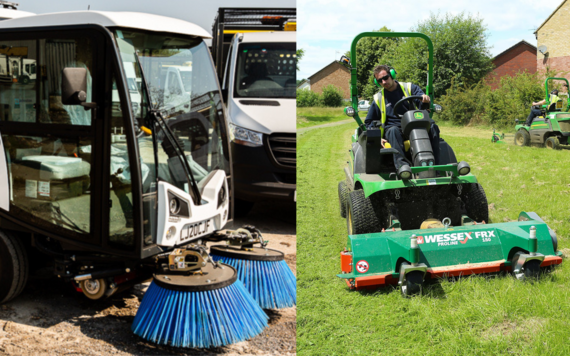 On the left a street cleaning vehicle, on the right a contractor cutting grass on a mower