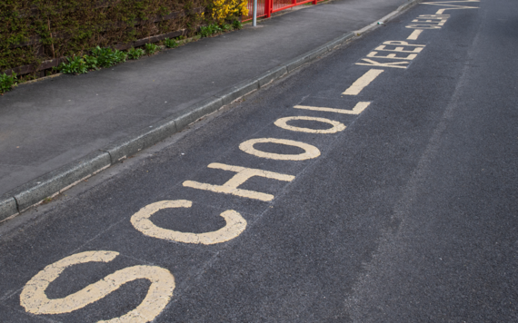 School keep clear markings on a road outside of a school