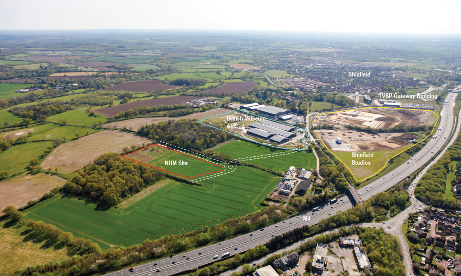 Aerial view of the proposed Natural History Museum site, on land south of the M4 and next to Shinfield Studios