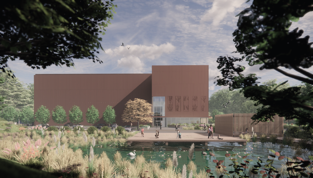 artists impression of the Natural History Museum's sleek, modern building viewed from across a new pond