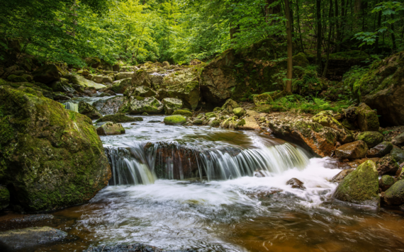 A photo of a river landscape and waterfall