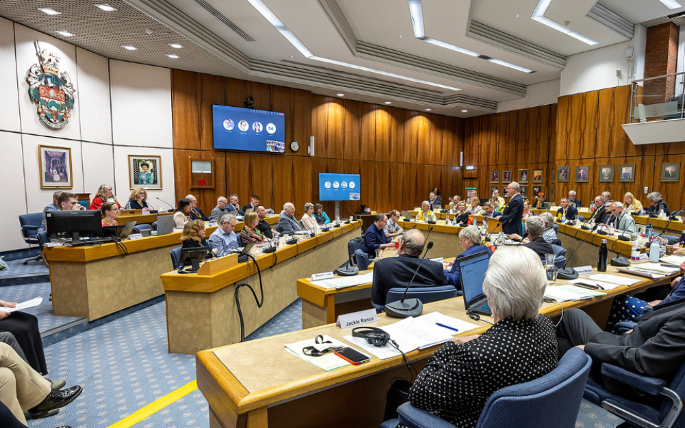 Dozens of councillors in the council chamber at our Shute End offices