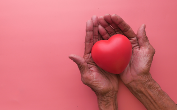 A person cradles a red heart in their hands