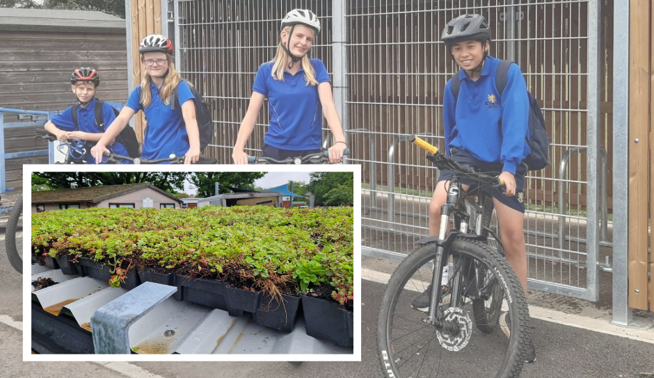 photo of children with bikes, inset with photo of plants growing on a roof