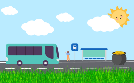 Graphic of a bus heading towards a bus stop where someone is waiting and a pot of money just beyond
