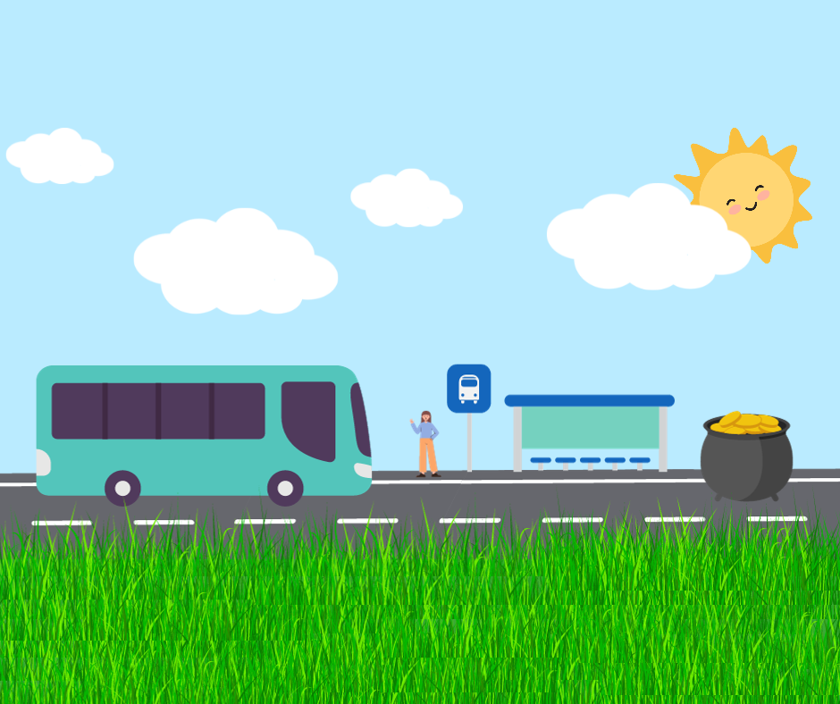 Graphic of a bus on road driving towards a pot of coins, with a person standing by a bus stop and shelter 