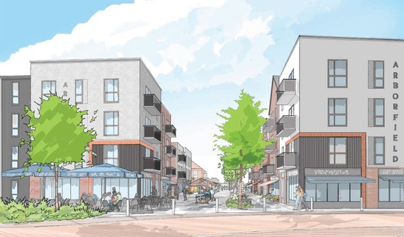 artist's impression of two three-storey blocks with ground floor shops, separated by a wide and spacious tree-lined boulevard