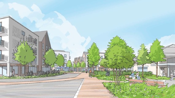 Ground-level artists' impression of a grassy tree-lined area at the edge of a modern low-rise shopping and residential development