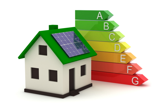 Energy ratings and a house with a solar panel on 